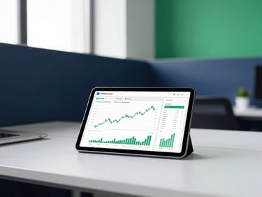 approachable modern workspace with a tablet showing clean financial charts, bright natural light, deep navy accents, professional atmosphere