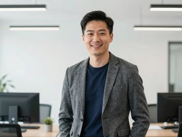 A professional male mentor in his late 30s, wearing a smart casual grey blazer, smiling confidently in a bright modern office, clean background, 35mm