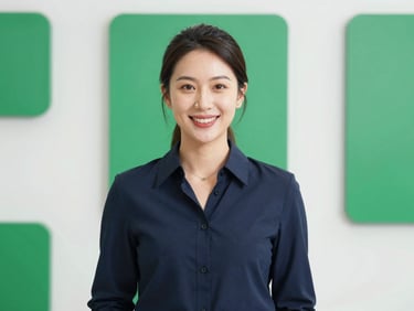 A professional female mentor in her early 30s, wearing a neat navy blouse, smiling warmly in a bright, modern educational studio, 35mm