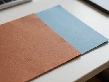 Macro close-up of textured paper swatches in warm clay and soft sky blue, resting on a clean white drafting table under soft natural side-lighting.