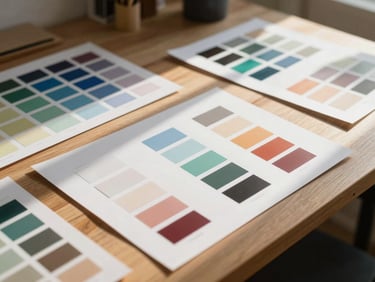 Tactile design workspace with physical color swatches, paper mockups, and natural morning light casting soft shadows across a wooden table.