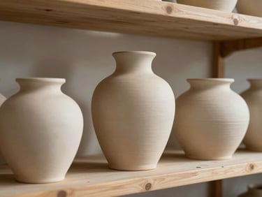 Tactile ceramic vessels resting on raw timber shelves, soft morning light highlighting the clay textures, landscape aspect.