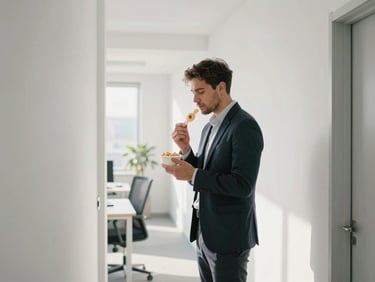 A busy professional grabbing a healthy protein snack on the go in a bright minimalist office hallway, natural morning daylight, desaturated cool tones, 35mm