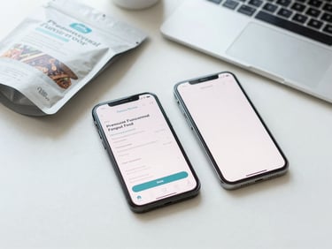 Flat-lay of premium functional food packaging, a sleek smartphone showing a clean interface, and a modern workspace setup, bright daylight, 35mm
