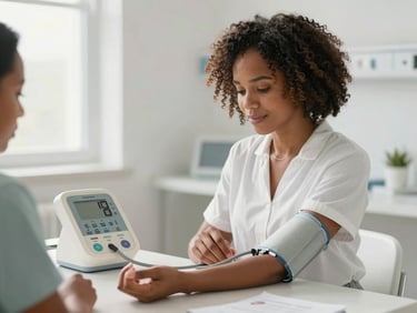Bright editorial photo of a focused African American woman adjusting a blood pressure cuff on a patient simulator in a sunlit clinical training room, 35mm shallow depth of field