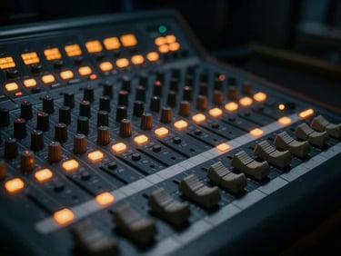 Moody cinematic photography of a professional mixing console with glowing orange LEDs, low-key studio lighting, dark charcoal tones, shallow depth of field, 50mm