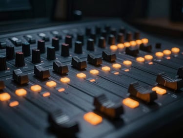 Extreme close-up of professional soundboard sliders with glowing orange LED indicators, dark Parisian studio environment, cinematic atmosphere.