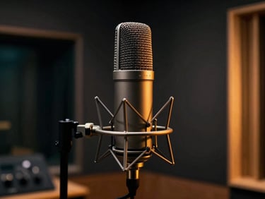 Moody cinematic photography of a high-end Neumann microphone in a professional Parisian recording booth, low-key studio lighting, dark charcoal tones with neon amber accents, shallow depth of field, 50mm