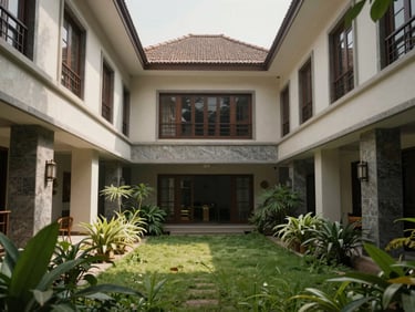 Teak and granite residential estate in Bangalore, diffused light filtering through a central atrium, lush green courtyard