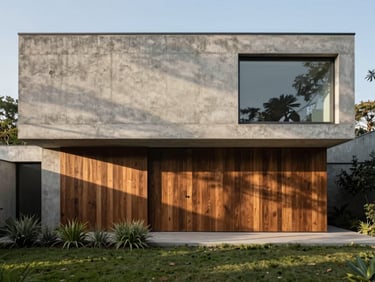 Straight-on architectural elevation of a concrete and teak villa facade, soft morning light casting linear shadows, minimalist landscaping, high-end editorial frame.
