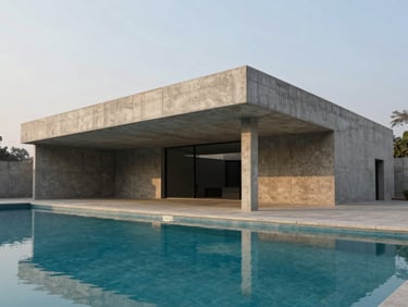 Minimalist concrete pavilion in New Delhi, soft morning light reflecting off a lap pool, geometric architectural framing