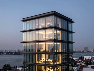 Modernist glass penthouse overlooking the Mumbai harbor, twilight sky, clean geometric lines, soft interior glow