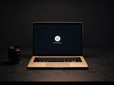 Minimalist desk setup with a high-end laptop displaying a secure login screen, subtle golden glow from the keyboard, deep shadows, 35mm lens