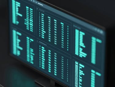 Isometric view of a high-fidelity server monitoring dashboard, glowing cyan data streams, clean user interface details, dark-mode aesthetic.
