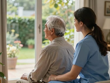 Caregiver and older adult seated side by side at a living room window, caregiver turned attentively toward the client, both looking out at a garden, warm afternoon light, shot from behind and slightly to the side, cozy home interior