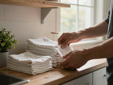 Hands organizing items on a kitchen shelf, folded dish towels neatly stacked, a small plant on the counter, warm daylight from a window, tidy and personal home environment, shot from mid-range