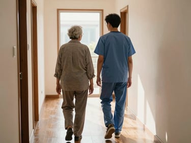 Caregiver walking slowly beside an older person through a sunlit hallway, shot from behind, natural light from a window at the end of the hall, warm wood floors