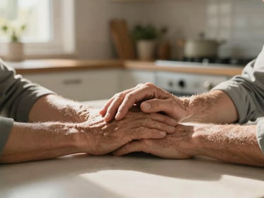 Close-up of two hands — one older, one younger — resting together on a kitchen table in warm morning window light, soft focus background of a home interior
