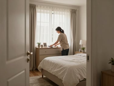 Wide shot of a tidy, lived-in bedroom from the doorway, afternoon light through sheer curtains, a caregiver seen from behind straightening items on a dresser, personal photographs and a small plant visible on the surface, warm neutral tones