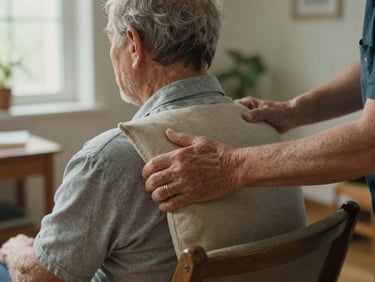 Close-up of a caregiver's hands gently adjusting a cushion behind an older adult seated in a chair, soft natural light from a nearby window, lived-in home interior visible in the background, unhurried and careful