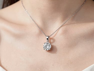 Close-up of a delicate diamond pendant necklace on a woman's collarbone, soft diffused daylight, high-contrast minimal aesthetic