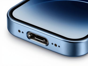 Crisp high-key product photography of a premium smartphone charging port, cool blue studio rim lighting, sharp focus, macro details, 8k resolution