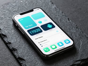 An Android phone lying flat on a slate surface, showing a pixel-perfect custom widget interface with high-density typography and sharp electric cyan accents, soft overhead studio lighting.