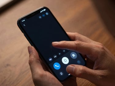A top-down view of hands holding a dark Android phone, executing a rapid swipe gesture across a clean media controller widget, motion blur on the finger, warm ambient lighting.