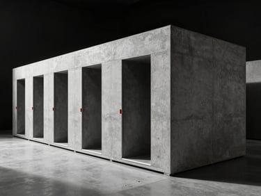 Wide architectural perspective of a modern minimalist concrete server facility with sharp shadows, studio lighting, 35mm lens