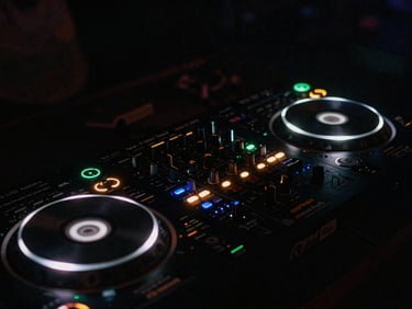 Gritty close-up of a DJ soundboard in a dark club, neon green glows from the dials, deep shadows, electric atmosphere