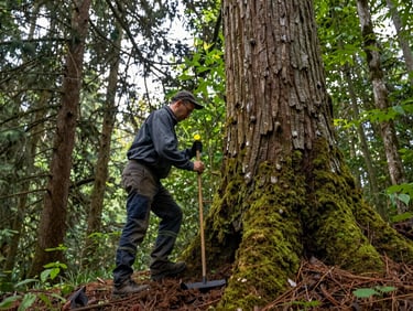 An arborist using a specialized soil probe near the base of a majestic specimen tree, soft overcast light highlighting deep green moss.