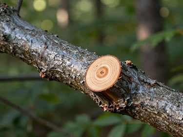 Extreme close-up of a clean, surgical arborist cut on a thick tree branch, smooth bark, healthy wood grain visible, soft morning light.