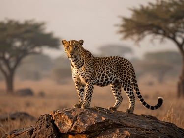 A majestic leopard perched on a rocky outcrop in Jawai, misty dawn light, rich earth tones