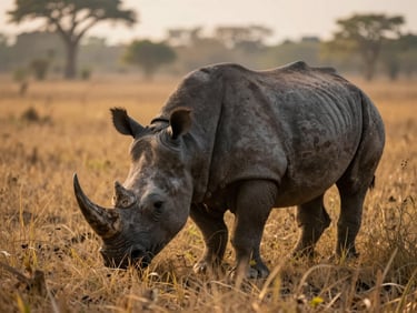 An Indian one-horned rhinoceros grazing in the tall elephant grass of Kaziranga, low-angle morning light