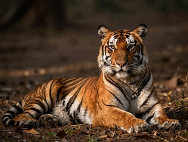 A wild Bengal tiger resting under canopy-filtered light, shallow depth of field, 35mm