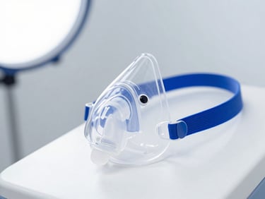 Close-up of a clean medical-grade CPAP nasal mask with clear silicone seal, sterile white and blue studio lighting.