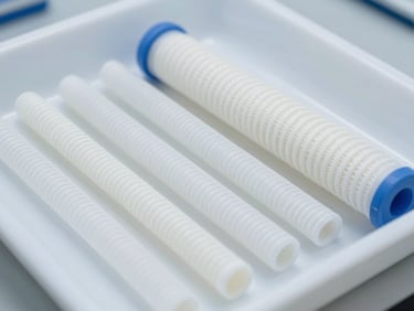Detailed shot of flexible corrugated medical tubing and ultra-fine air filters on a sterile laboratory tray.