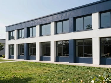 Clean, modern commercial building exterior with well-maintained grounds, showing attention to detail in a professional setting, bright natural morning light, deep navy and crisp white tones, sharp focus, 35mm