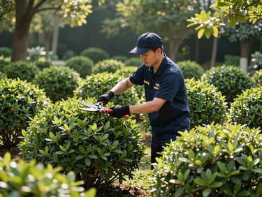 Professional crew member in branded uniform pruning shrubs in a well-maintained garden, bright natural morning light, rich forest green tones, sharp focus, 35mm