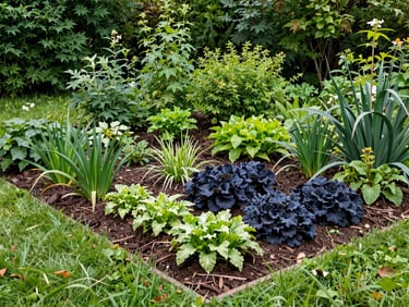 Wide shot of a newly installed, vibrant garden bed with diverse plants and mulch, crisp edges, bright natural morning light, rich forest green tones, sharp focus, 35mm