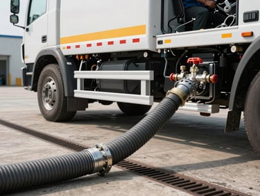 Close-up of a mobile industrial vacuum truck unit parked at a plant loading dock, large diameter suction hose connected to a floor drain grating, hard daylight, operator hands visible adjusting valve fittings, concrete dock surface visible