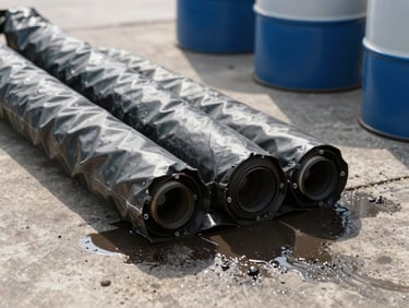Close-up of industrial absorbent boom deployed around a dark liquid spill on concrete floor, hard daylight shadows, chemical drums visible at frame edge