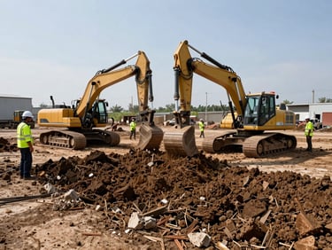 Wide shot of soil remediation work at an industrial yard, excavation equipment and workers in high-visibility PPE removing contaminated material, hard midday sunlight