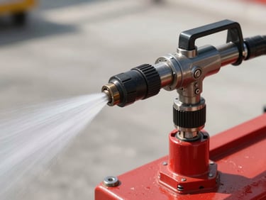 Extreme close-up of a high-pressure hydrojet lance tip mounted on a red industrial cart, water jet visible mid-stream against a blurred concrete plant floor background, hard daylight from side, steel and rubber fittings in sharp focus