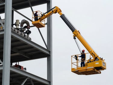 Aerial work platform fully extended at height alongside an industrial structure, hydraulic arm visible in close detail, operator in harness at the basket inspecting electrical conduit, natural daylight, no artificial fill