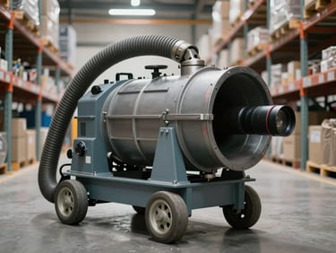 Industrial vacuum extraction unit on heavy-duty wheels positioned inside a manufacturing plant aisle, large corrugated suction hose attached to a collection drum, ambient overhead fluorescent lighting, steel shelving racks blurred in background