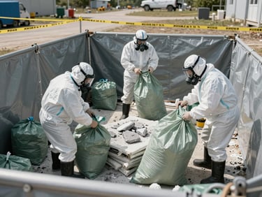 Environmental wide shot of a decontamination site — workers in full Tyvek suits and respirators sealing asbestos-containing material in heavy-gauge bags inside a containment zone, hard outdoor daylight, visible warning tape perimeter