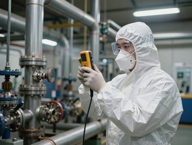 Technician in full chemical PPE taking air quality readings with a handheld gas detector inside an industrial facility, pipes and valves in background, natural overhead lighting