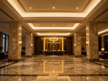 Interior of a super luxury hotel suite lobby in Riyadh, marble floors, warm gold ambient lighting, high-end editorial corporate luxury photography, 35mm