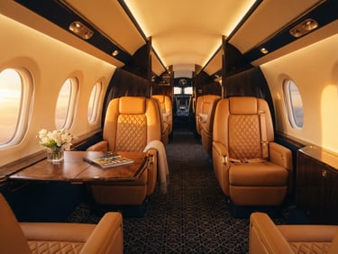 An empty ultra-luxury private jet cabin, pristine leather seats, warm golden lighting, high-end corporate travel aesthetic, cinematic composition, 35mm.